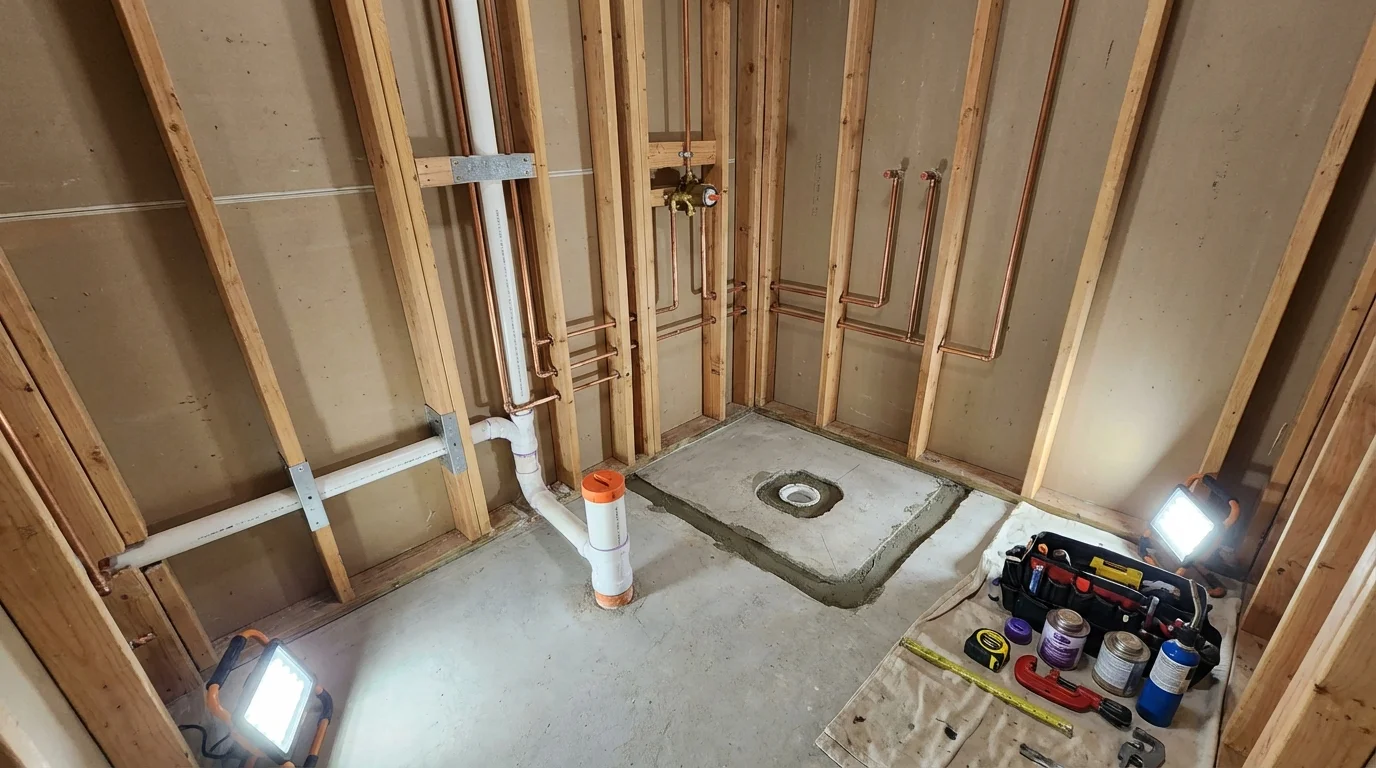 Bathroom rough-in plumbing during remodel by Johns Plumbing LLC in Crosbyton