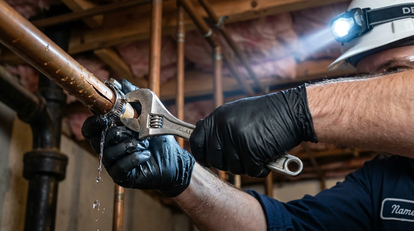 Emergency pipe clamp repair being performed by a Johns Plumbing LLC plumber in Crosbyton