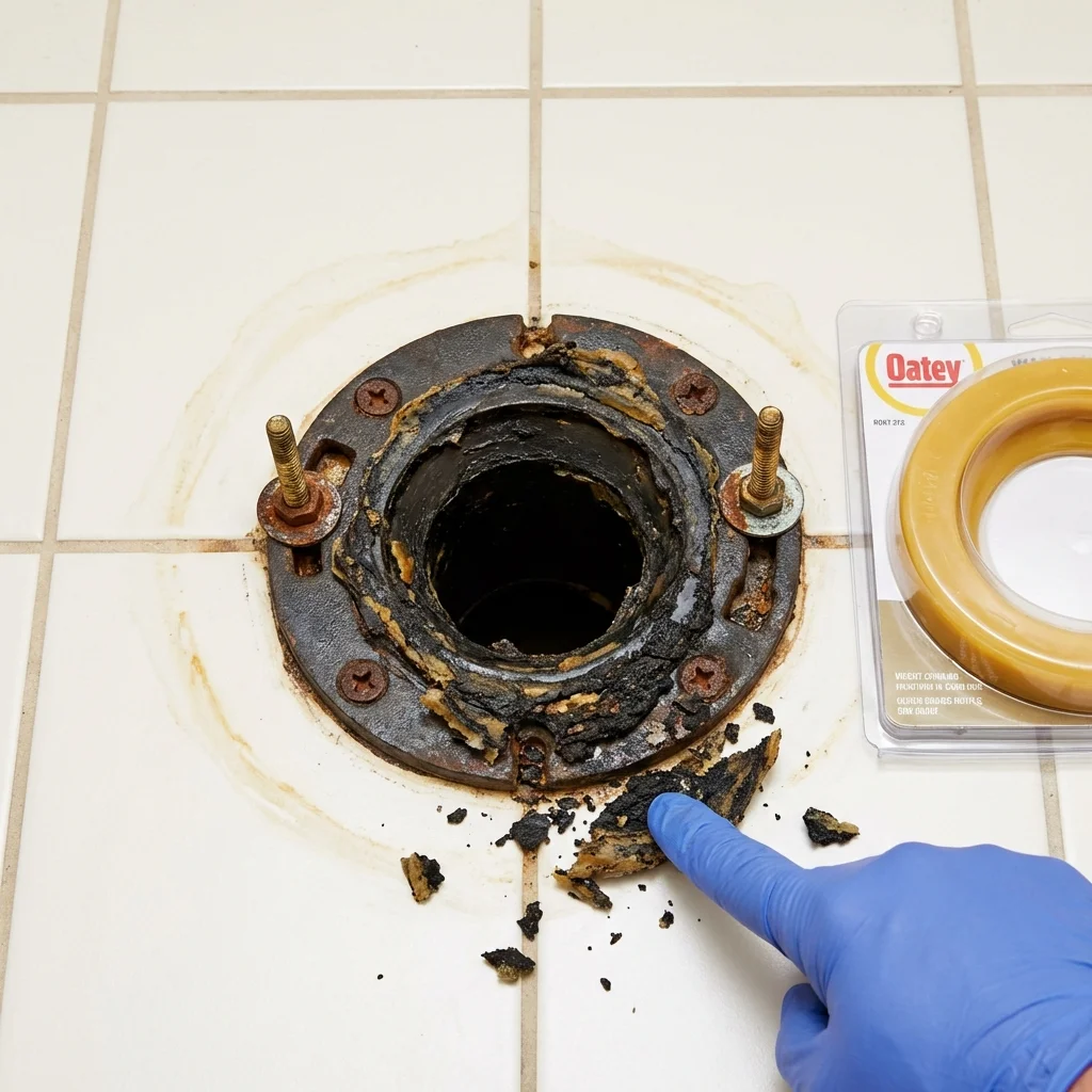 Failed wax ring showing water seepage at the base of a toilet in a Crosbyton, TX home